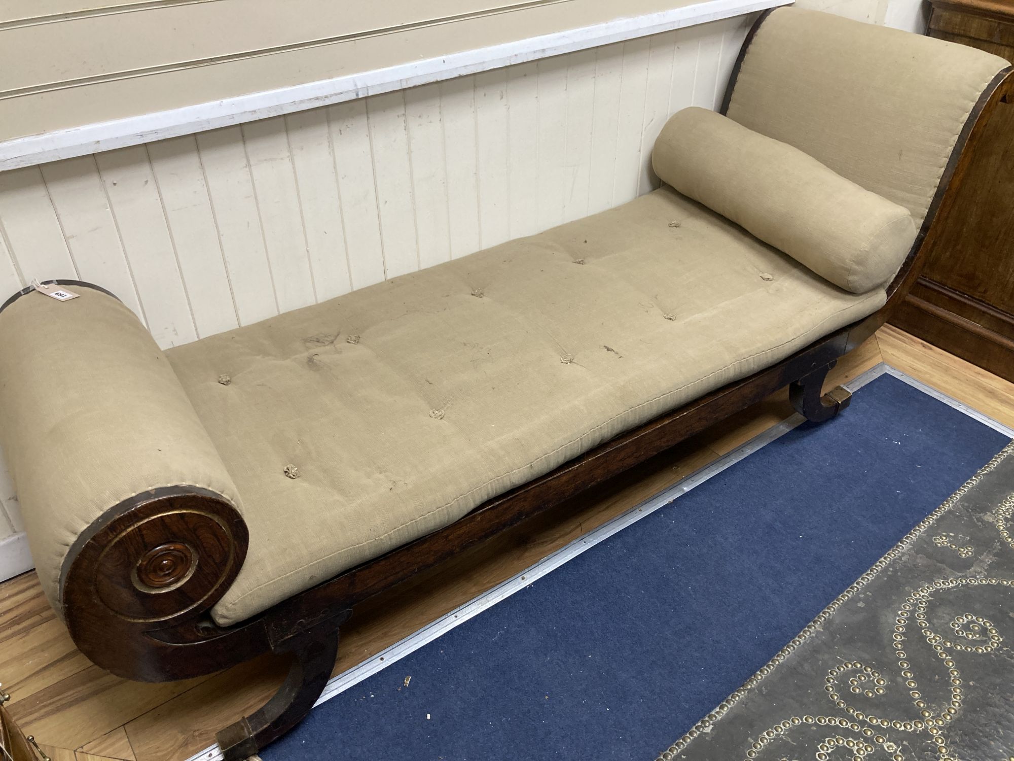 A Regency simulated rosewood upholstered day bed, length 200cm, depth 68cm, height 84cm